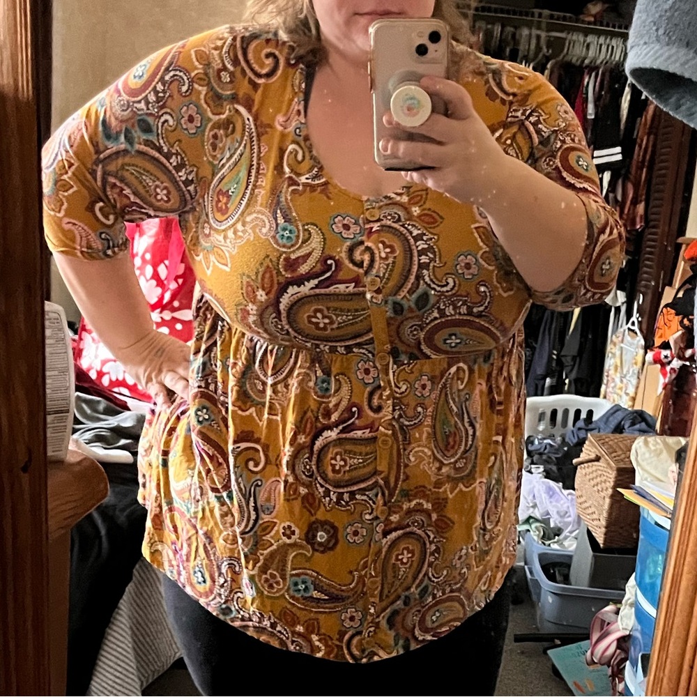 Terra & Sky Rust Orange/Yellow Graphic 3/4 Sleeve Blouse Plus Size 2X